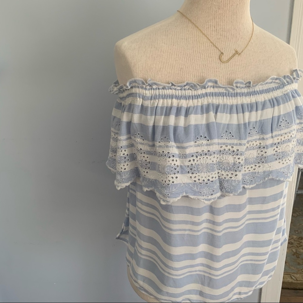 AEO off shoulder eyelet scallop ruffle blue stripe - Picture 4 of 15